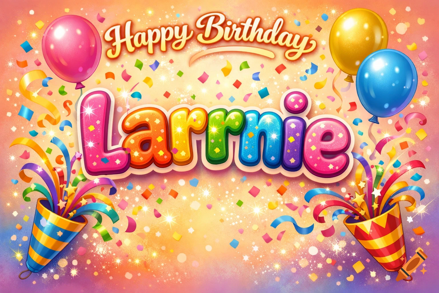 A vibrant, colorful 'Happy Birthday Larrnie' card with glittery text, pink, gold, and blue balloons, falling confetti, and party poppers.