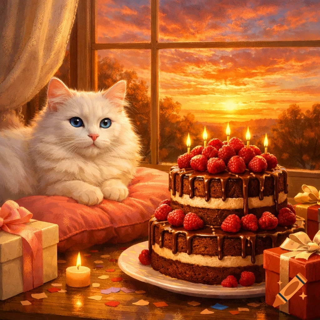 Fluffy white cat on a pink pillow next to a chocolate raspberry cake with candles and gifts. A sunset glows through the window.