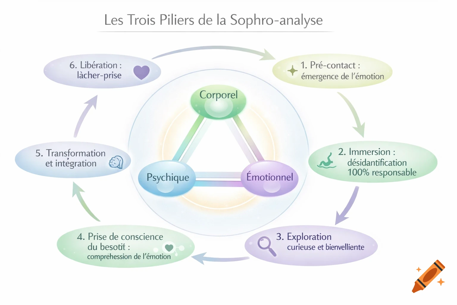 An infographic diagram titled 'Les Trois Piliers de la Sophro-analyse' (The Three Pillars of Sophro-analysis). It shows a central triangle connecting 'Corporel' (Physical), 'Psychique' (Psychological), and 'Émotionnel' (Emotional) concepts, surrounded by six numbered steps in a circular flow. The steps describe the process from 'Pré-contact' to 'Libération', with soft pastel colors and minimalist icons.