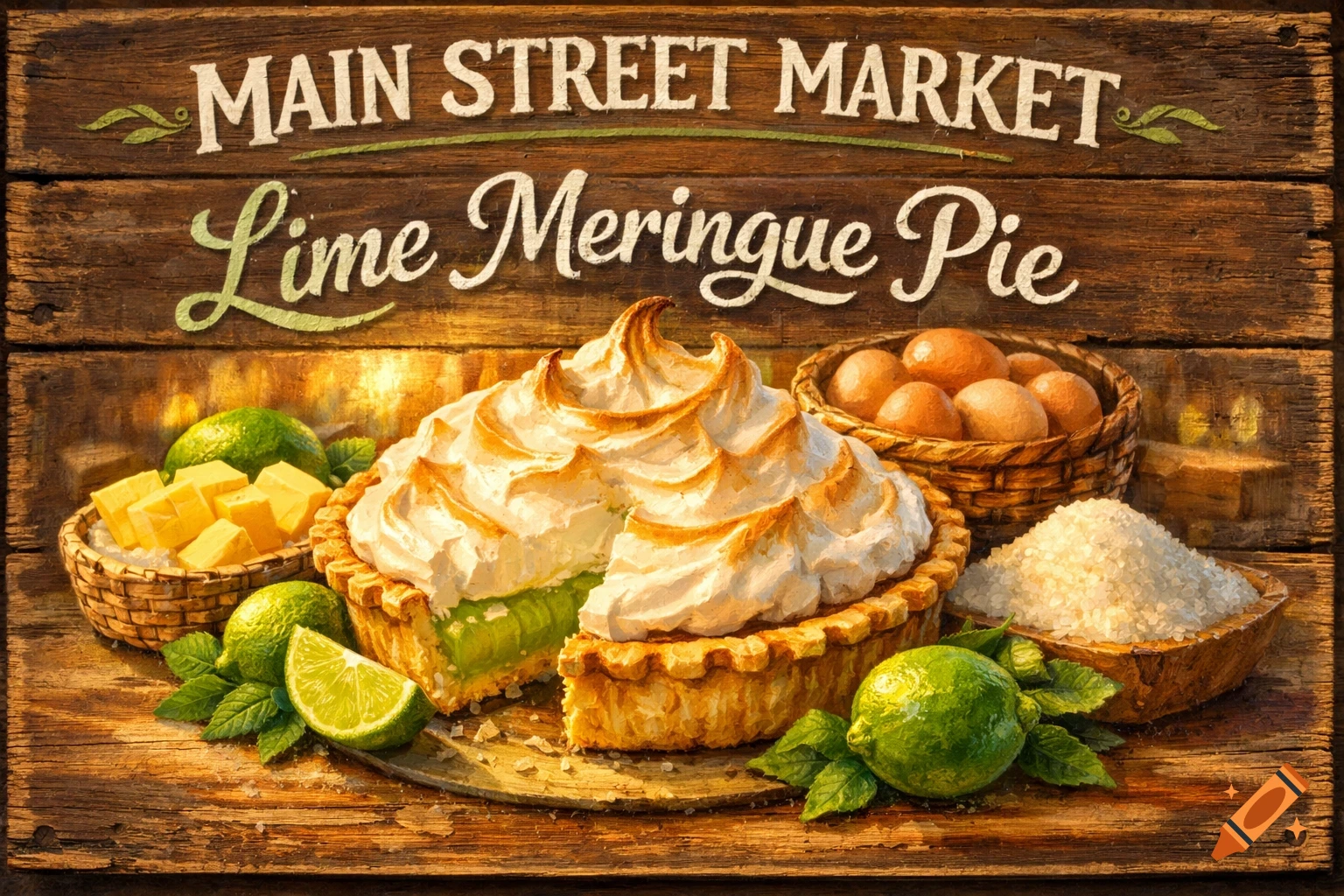 A rustic wooden sign with "MAIN STREET MARKET" and "Lime Meringue Pie" painted on it. A slice is cut from the pie, surrounded by limes, butter, eggs, and sugar.
