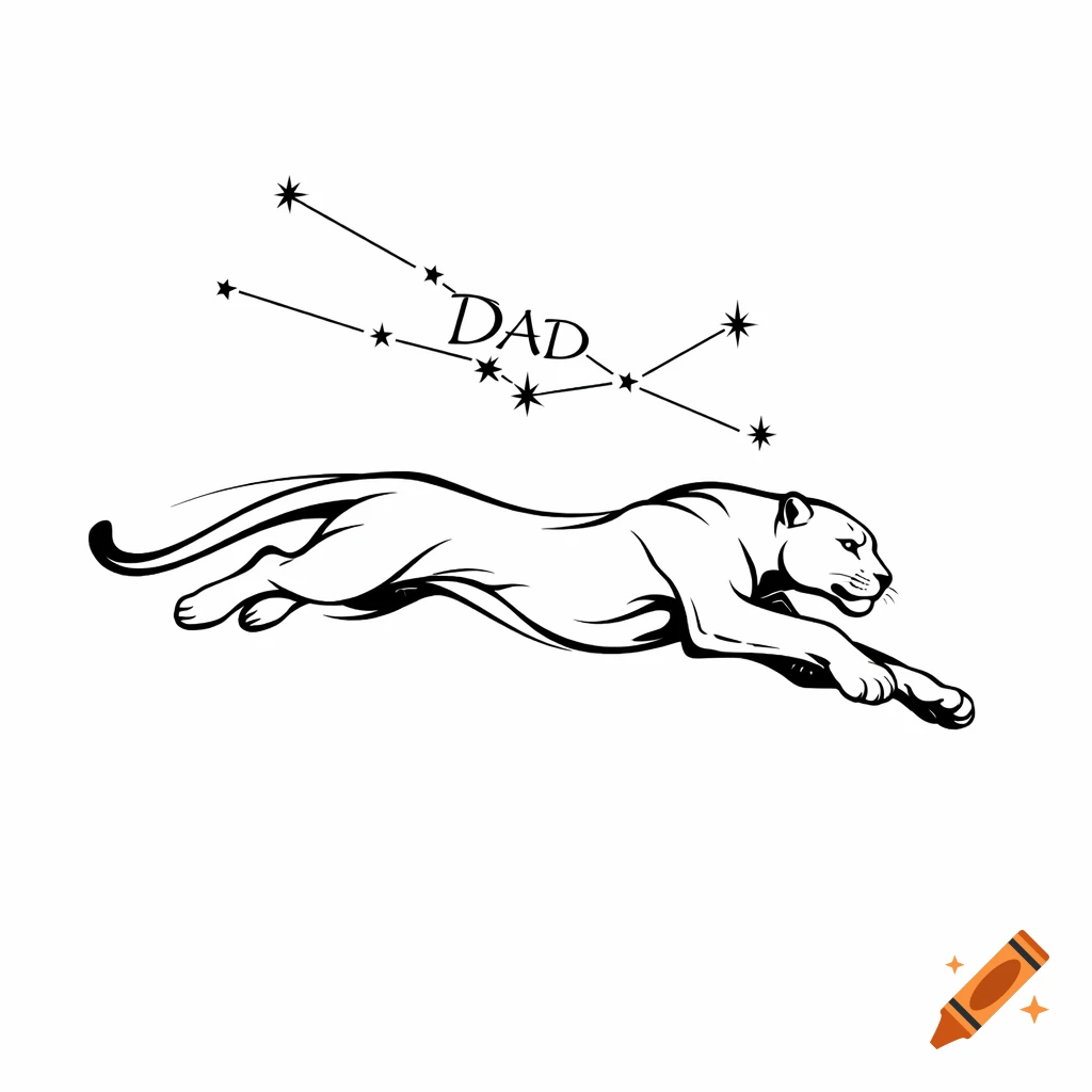 Black ink tattoo design of a leaping jaguar with the Taurus constellation and the word DAD above it.