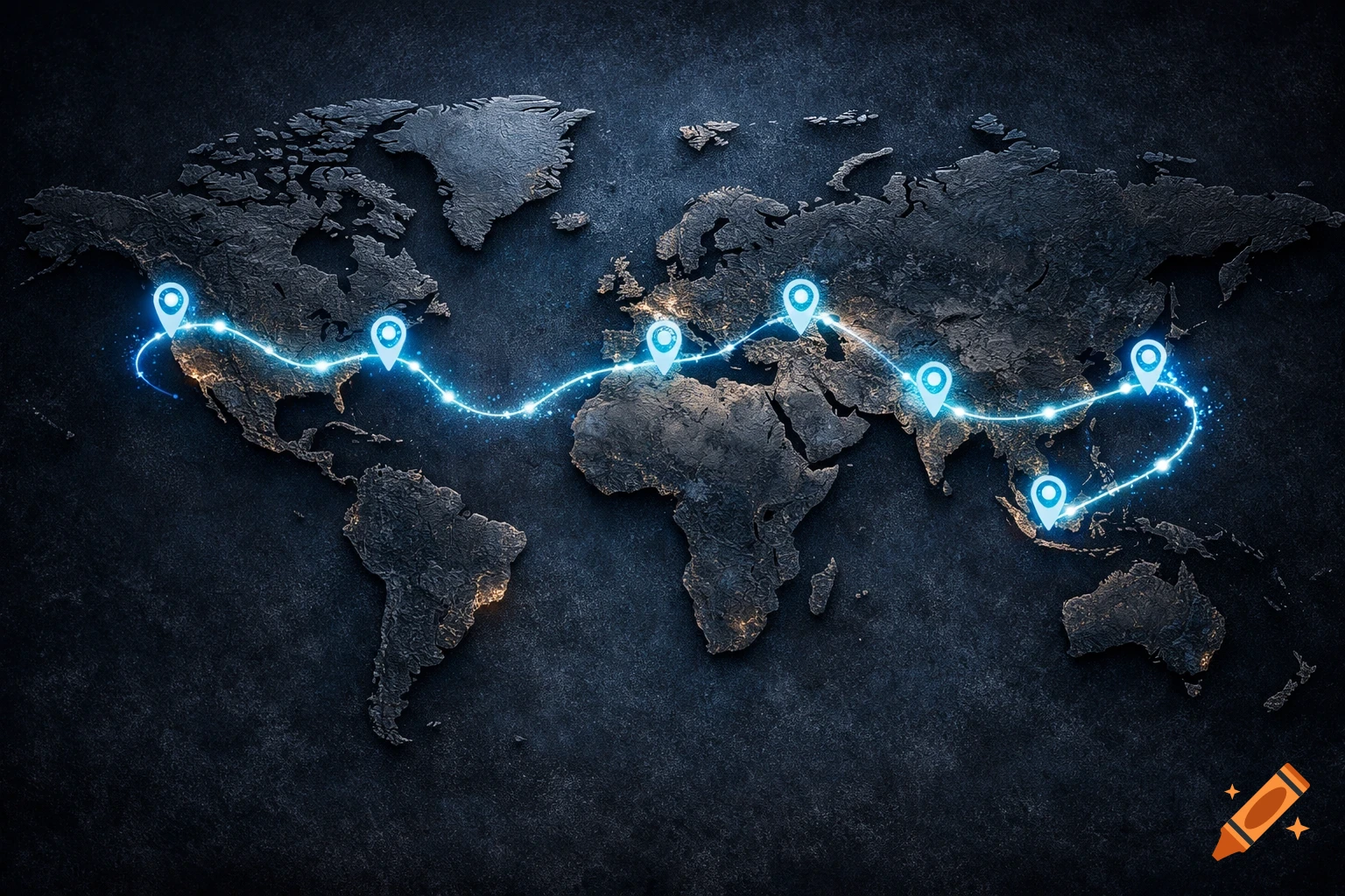 Dark, textured world map with a glowing blue line connecting multiple GPS location pins across continents.