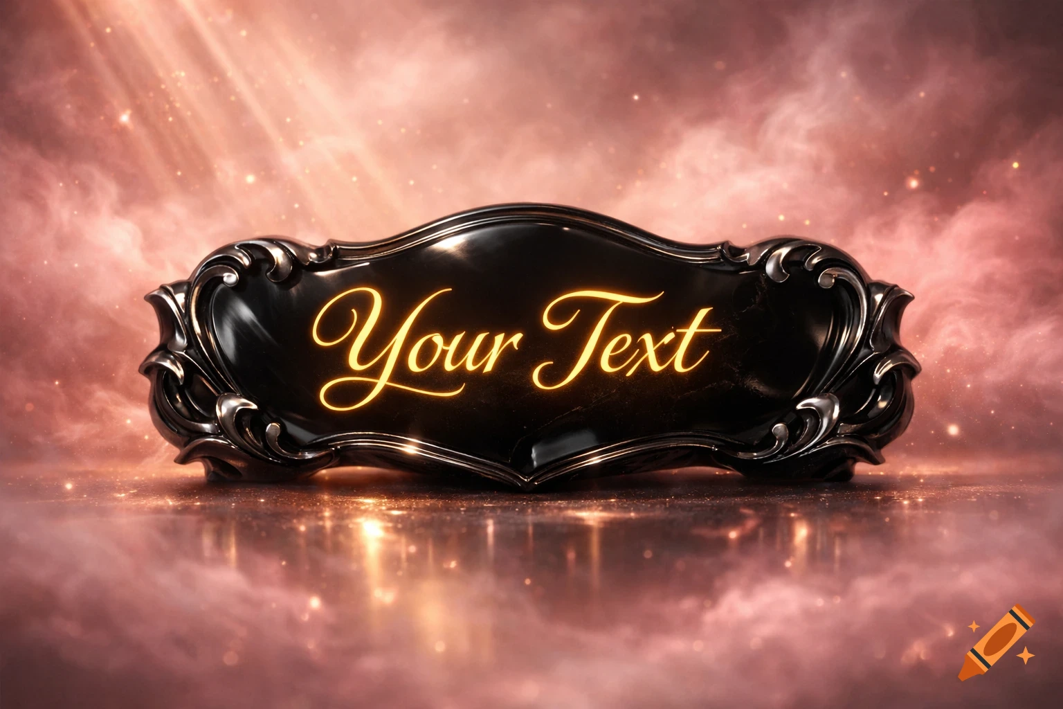 A glowing golden "Your Text" on a black ornate sign with a pinkish, sparkling, cloudy background.