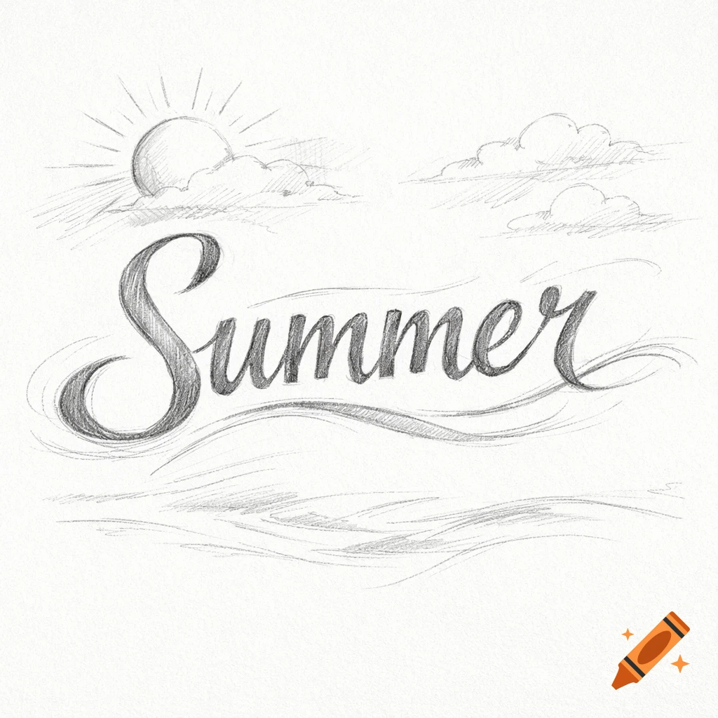 Pencil sketch of the word 'Summer' in cursive, with a sun, clouds, and waves.