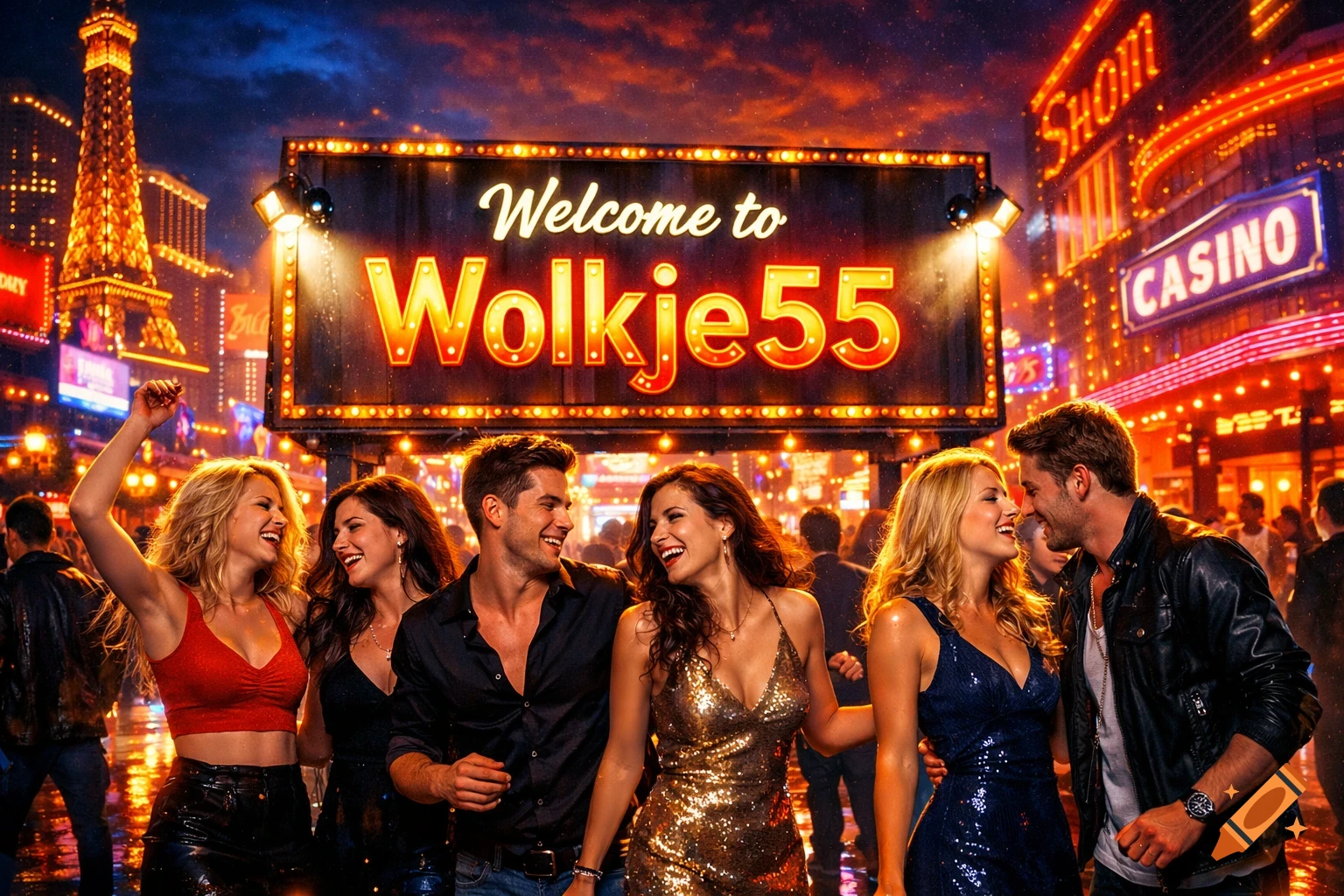 Young adults laugh and dance on a vibrant, neon-lit Las Vegas-style street at night, with a prominent 'Welcome to Wolkje55' sign.