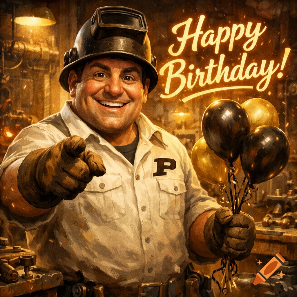 Smiling Boilermaker Pete in a welding helmet and gloves, pointing, holding balloons, with 'Happy Birthday!' text in a warm, illustrative style.