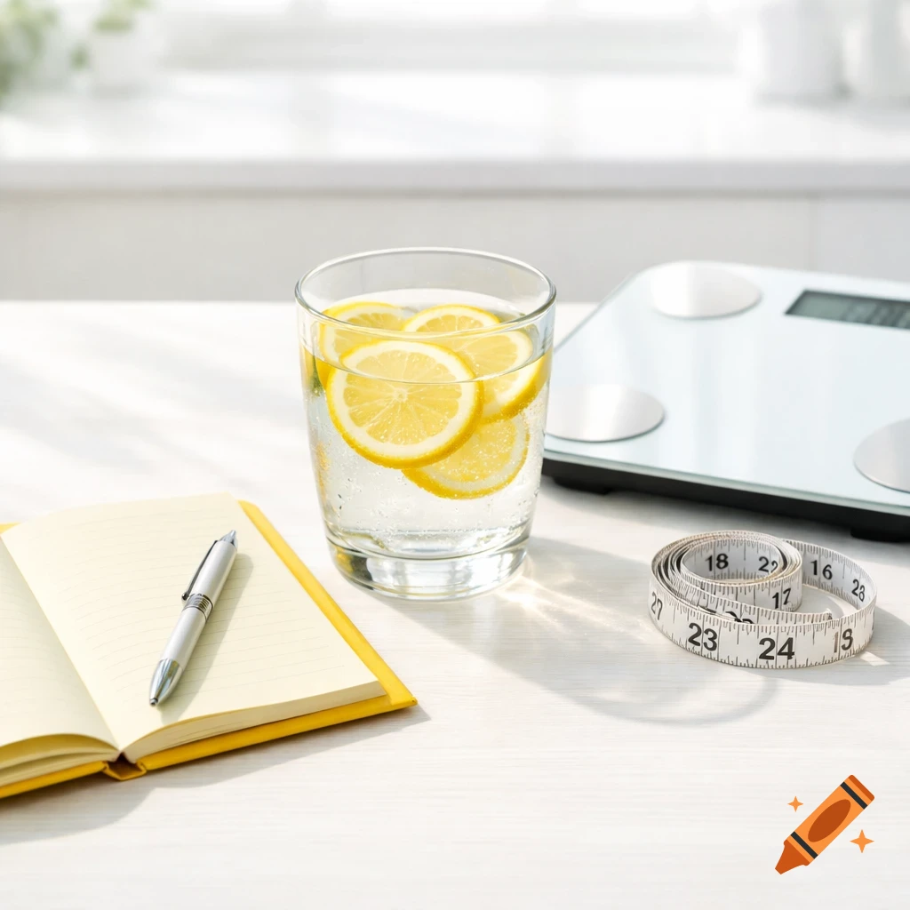 Flat lay of lemon water, a notebook with a pen, a scale, and a measuring tape on a bright table.