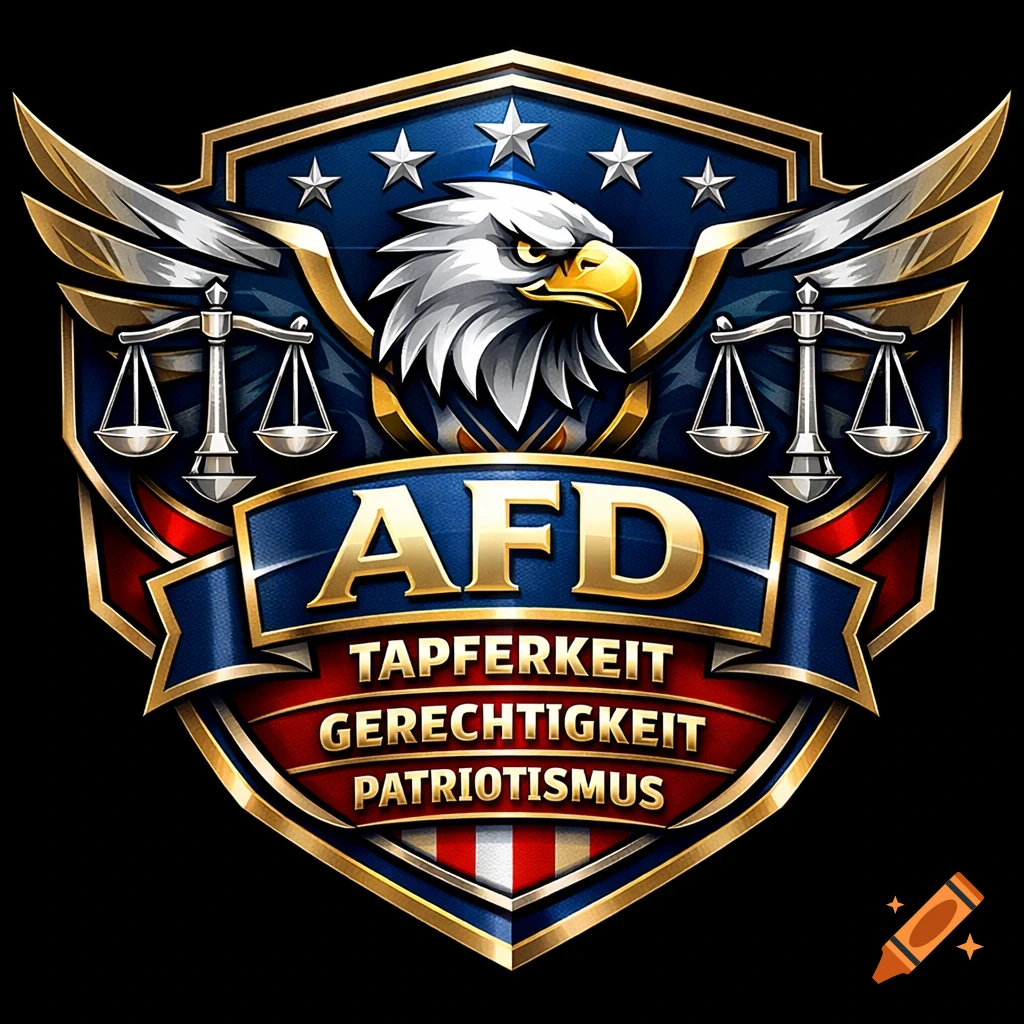 A detailed metallic political logo with a bald eagle head, five stars, and scales of justice, featuring the text AFD, Tapferkeit, Gerechtigkeit, and Patriotismus on banners.