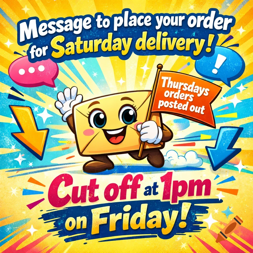 A happy cartoon envelope waves and holds a flag with text, surrounded by other text and arrows on a vibrant yellow background.