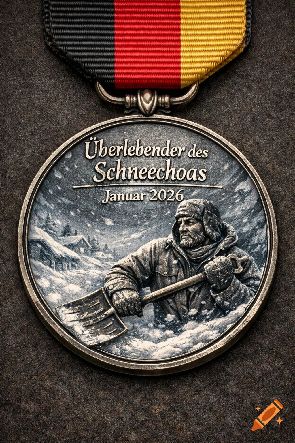 A detailed medal depicting a man with a shovel in a snowy landscape, text 'Überlebender des Schneechoas Januar 2026', and a black, red, and gold ribbon.
