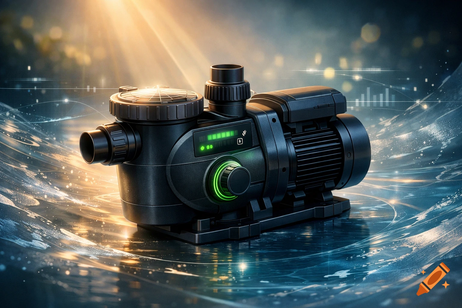 A black variable-speed pool pump with green glowing indicators on a reflective surface, with golden light rays and abstract blue digital patterns in the background.