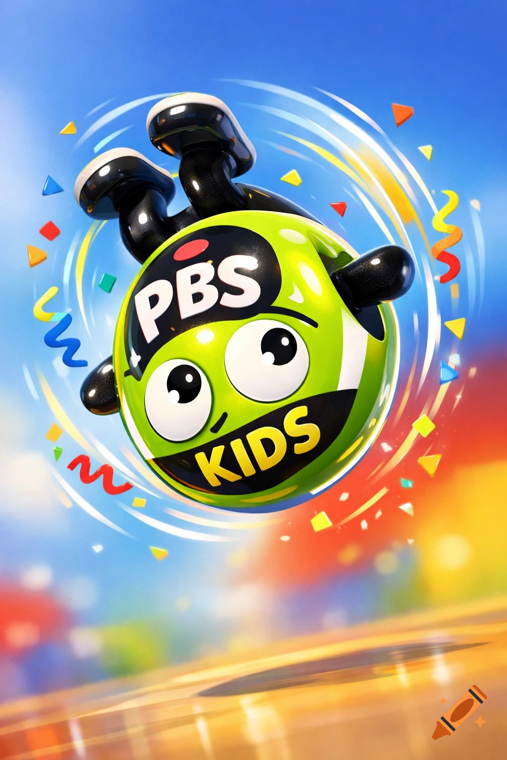A vibrant, stylized PBS Kids logo character performs a backflip amidst colorful confetti, against a bright blue and orange blurred background.