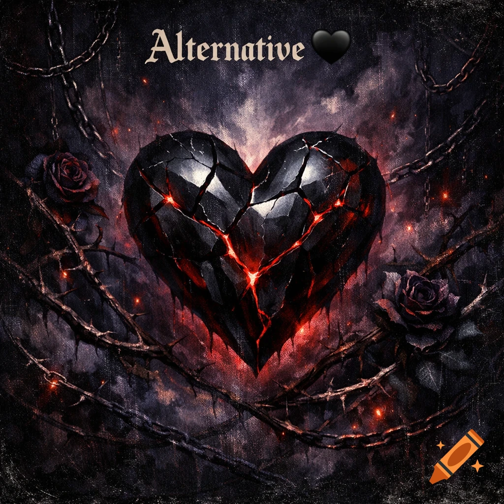 Dark, cracked heart glowing red with thorny branches, black roses, and chains, with 'Alternative' and a black heart emoji.