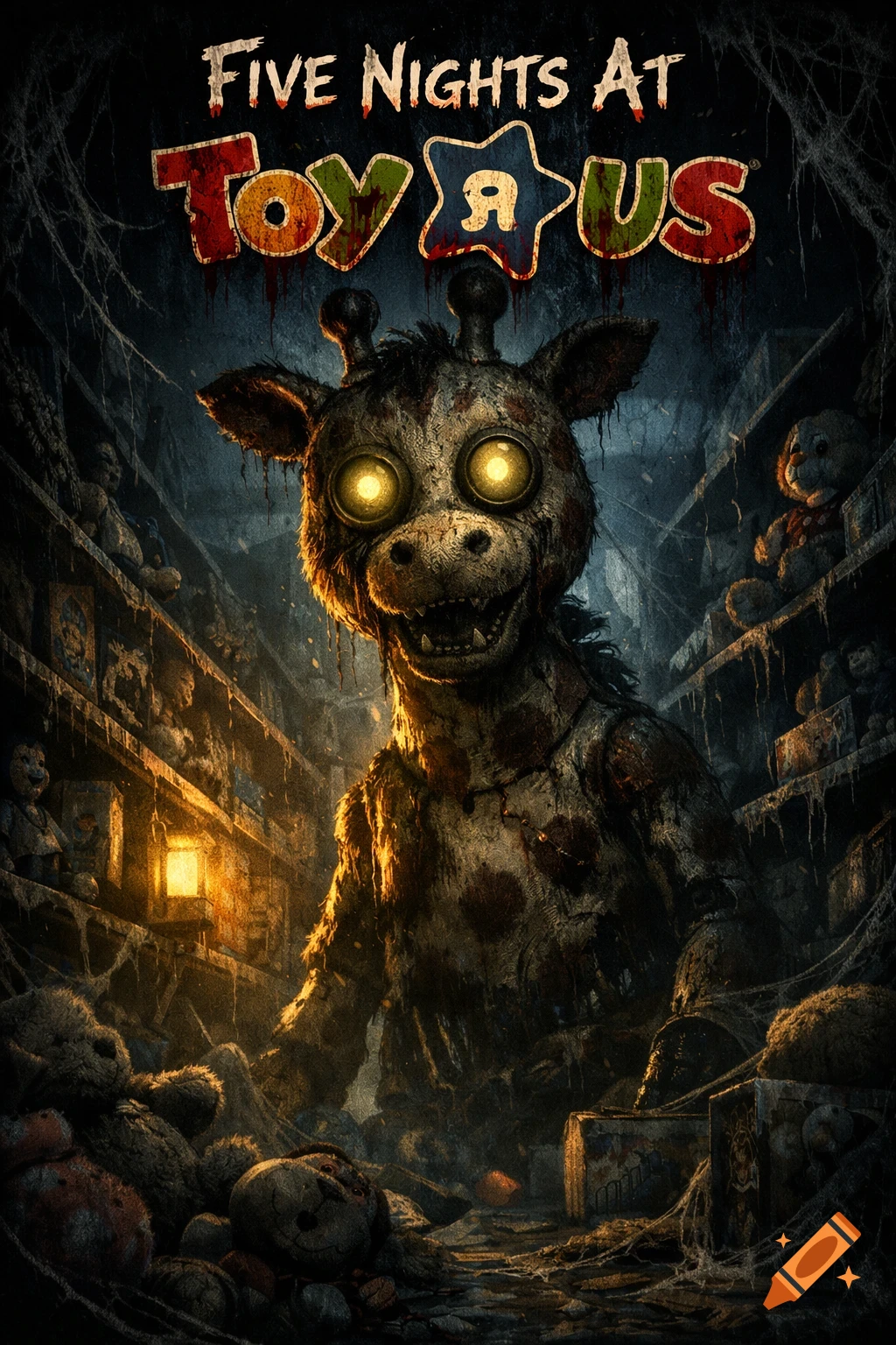 Horror game poster featuring a creepy, glowing-eyed animatronic giraffe in a dilapidated toy store, titled 'Five Nights At Toy R Us'.