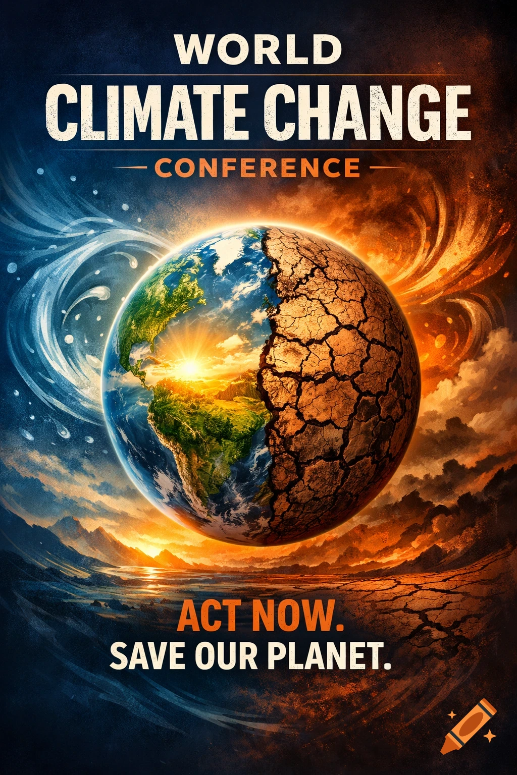 A dramatic poster for World Climate Change Conference, showing Earth half green and half barren, with text "ACT NOW. SAVE OUR PLANET."