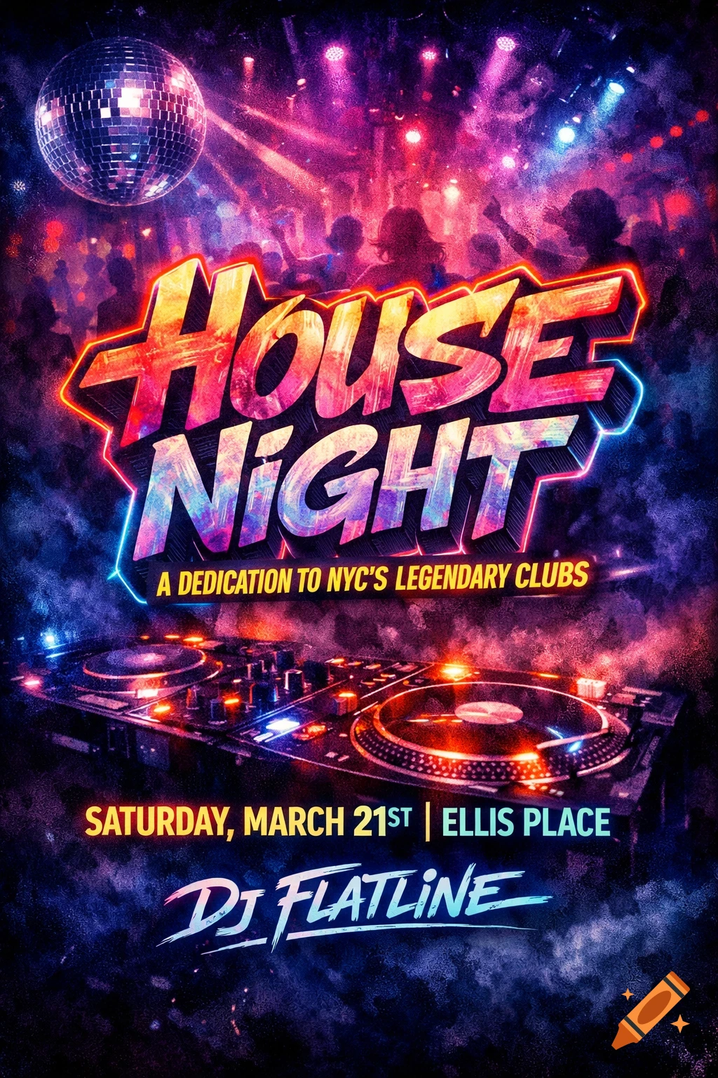 A vibrant, neon-lit club flyer for 'House Night' with a disco ball, DJ turntables, and silhouetted dancers.