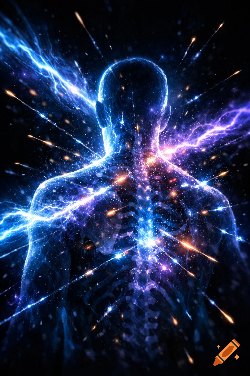 Abstract illustration of a human silhouette from behind, glowing with blue and purple energy waves and particles against a dark, starry background.