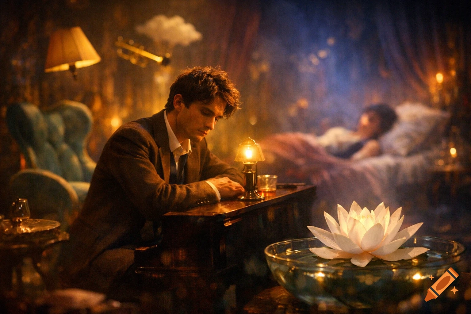 A man in a suit sits contemplatively at a desk with a glowing lamp and a drink, a lotus flower in a bowl in the foreground, and a blurred figure sleeping in a bed in the background, all bathed in warm, ethereal light.