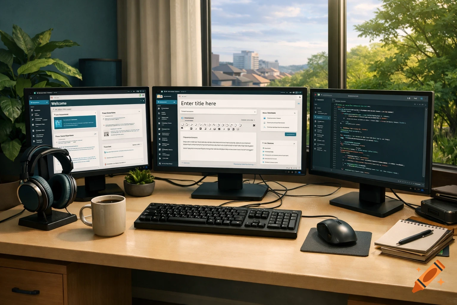 A tidy desk with three computer monitors displaying code and web interfaces, headphones, a coffee mug, keyboard, and mouse, with a green outdoor view through a window.