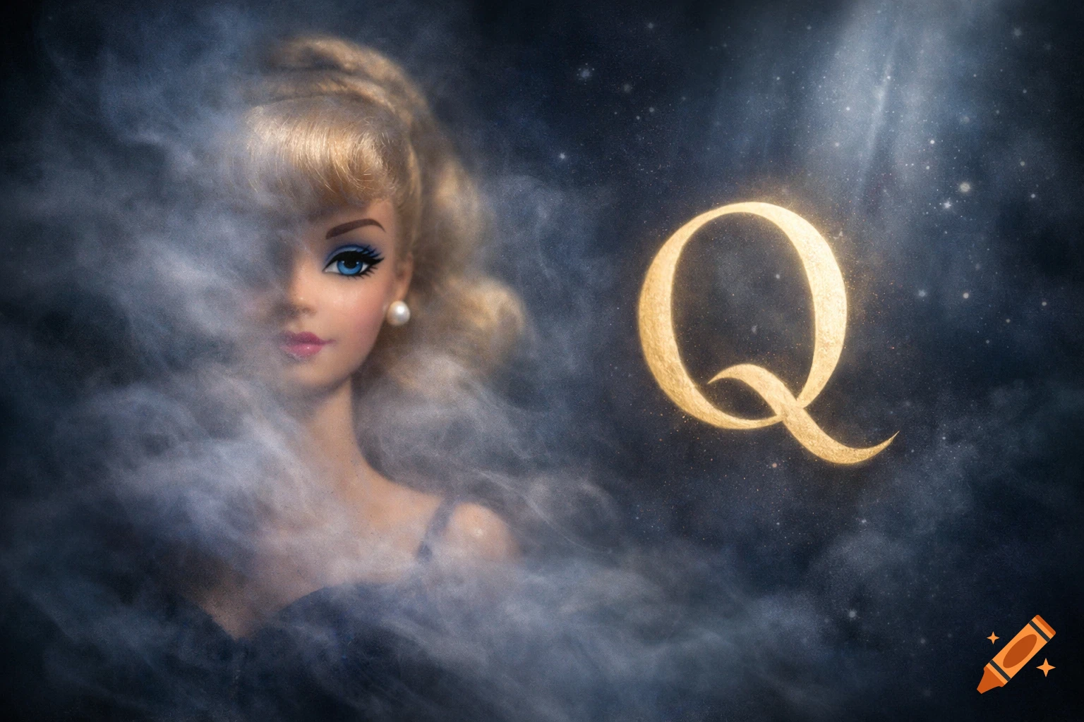 A Barbie doll in dark attire partially shrouded in white mist, with a glowing golden letter 'Q' beside her in a starry, mystical setting.