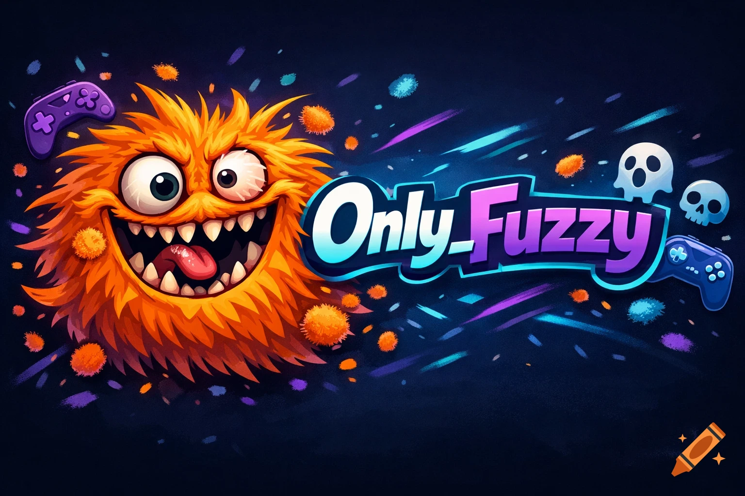 Vibrant banner with an orange fuzzy cartoon monster, game controllers, and skulls against a dark background, with 'Only_Fuzzy' text.