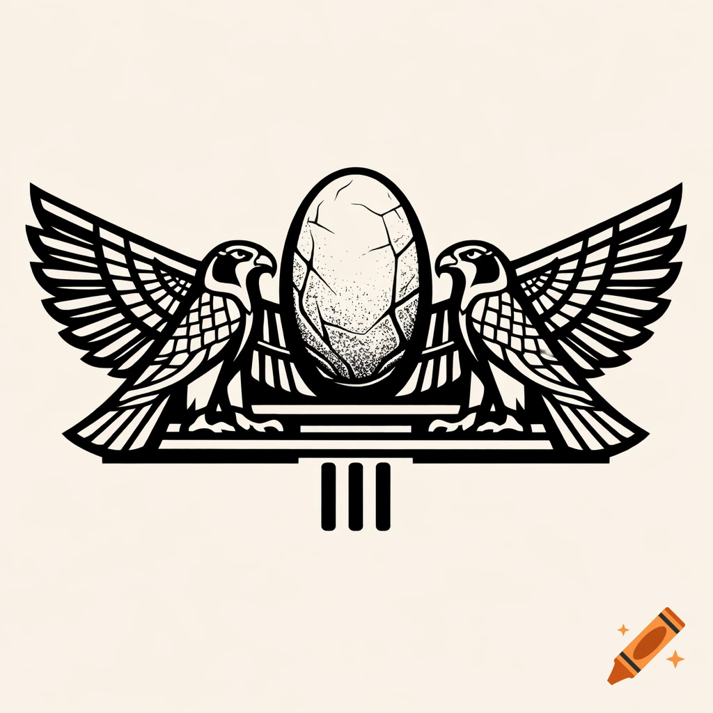 Bold black and white line-art emblem with two falcons flanking a central cracked egg-like shape, with three vertical marks below.