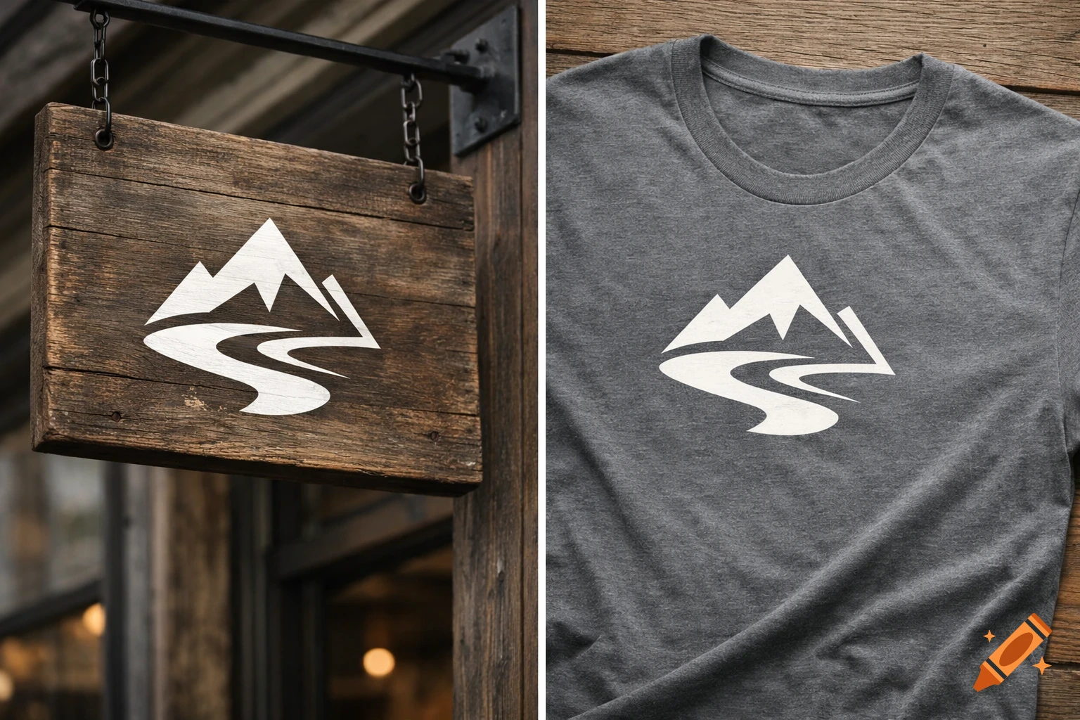 A white logo featuring mountains and a winding river is displayed on a rustic wooden sign and a gray t-shirt.