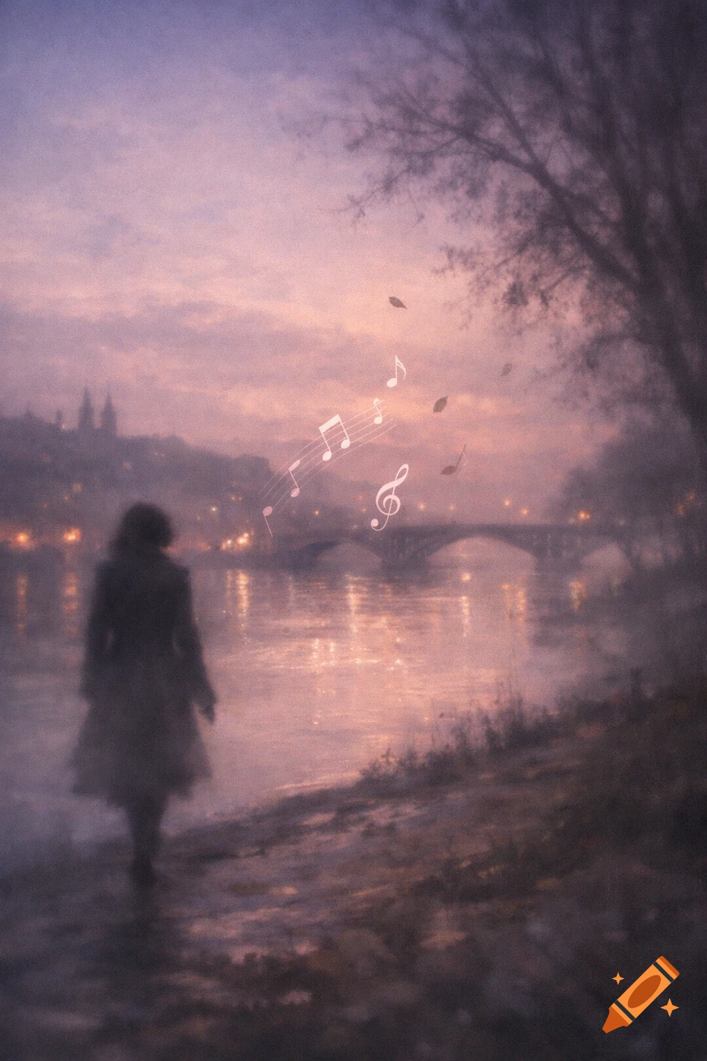 A silhouetted figure stands by a hazy river at dusk, with glowing city lights and a bridge in the distance, as musical notes float in the air. Dreamlike style.