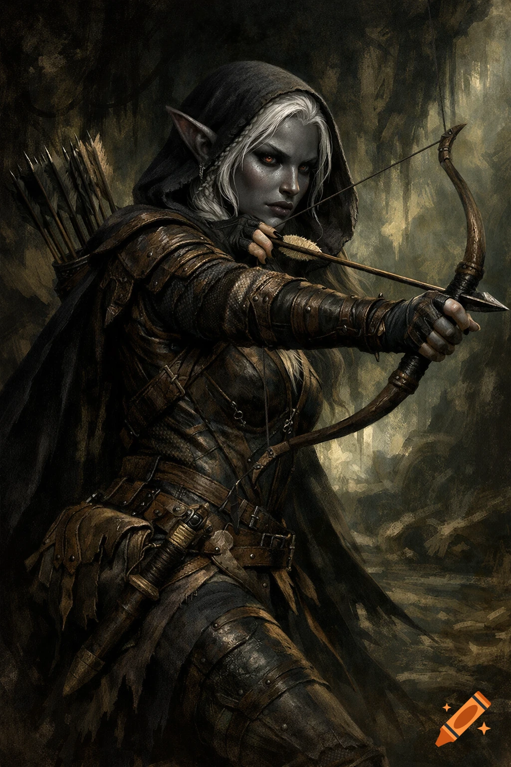 A Drow ranger with white hair and dark skin, in leather armor and a hooded cloak, aims a short bow in a dark fantasy setting.