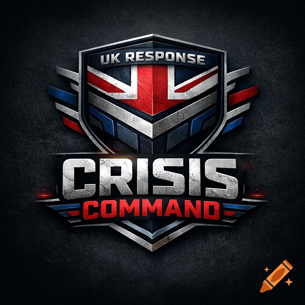 A metallic logo for 'UK RESPONSE: CRISIS COMMAND' featuring a stylized Union Jack shield in red, white, and blue, with silver and dark accents.