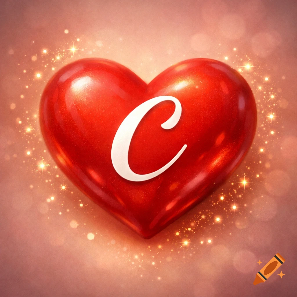 A glossy red heart with a white uppercase letter 'C' at its center, surrounded by shimmering golden light particles.