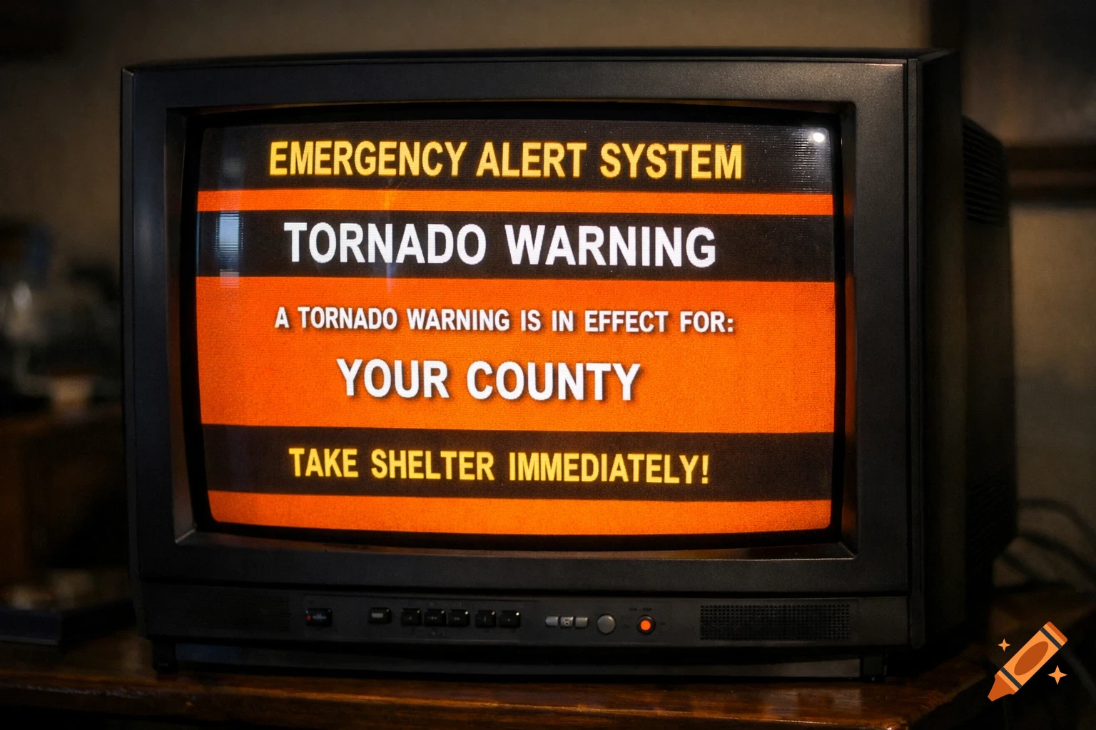 A vintage CRT television displays an Emergency Alert System tornado warning with orange and black text.