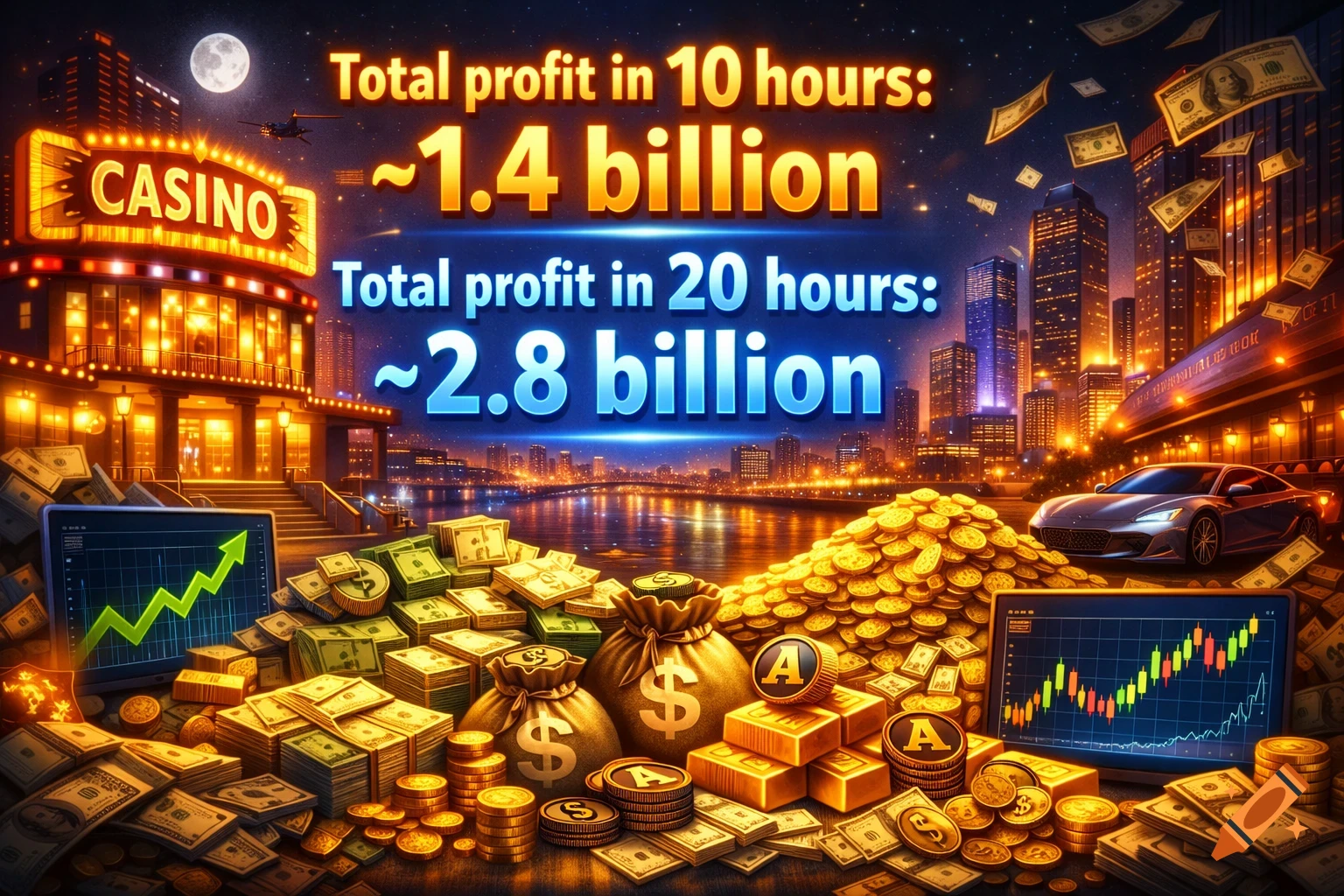 A vibrant casino and city skyline scene at night, with huge piles of gold coins and cash, financial charts, a luxury car, and text displaying large profit figures.