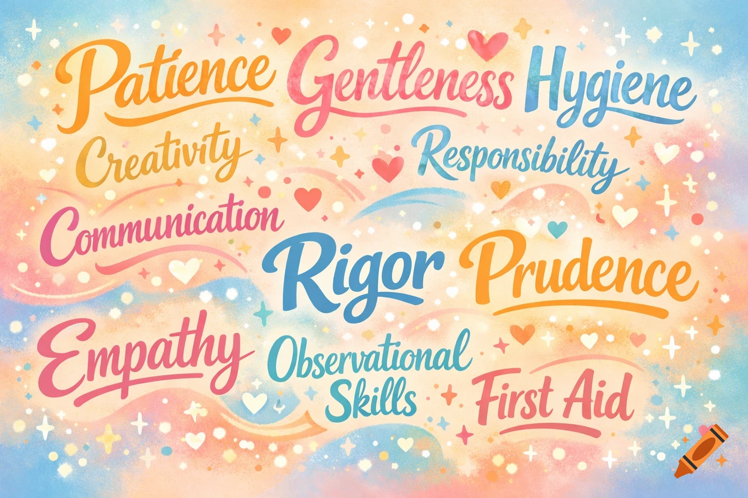 Colorful word cloud with words like Patience, Gentleness, Hygiene, Creativity, and Responsibility, on a sparkling pastel background.
