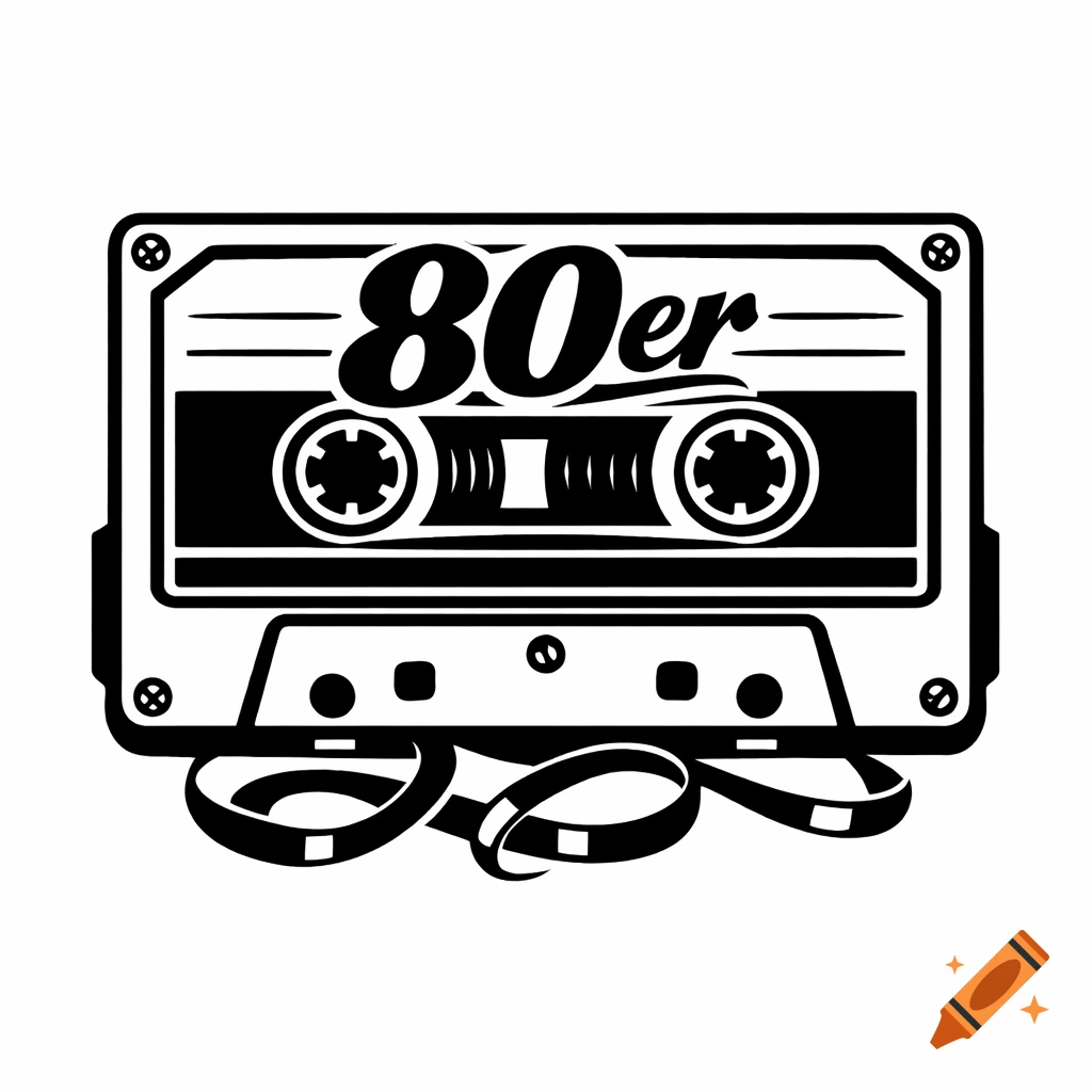Black and white illustration of a retro audio cassette tape with the text '80er' and spilled tape.