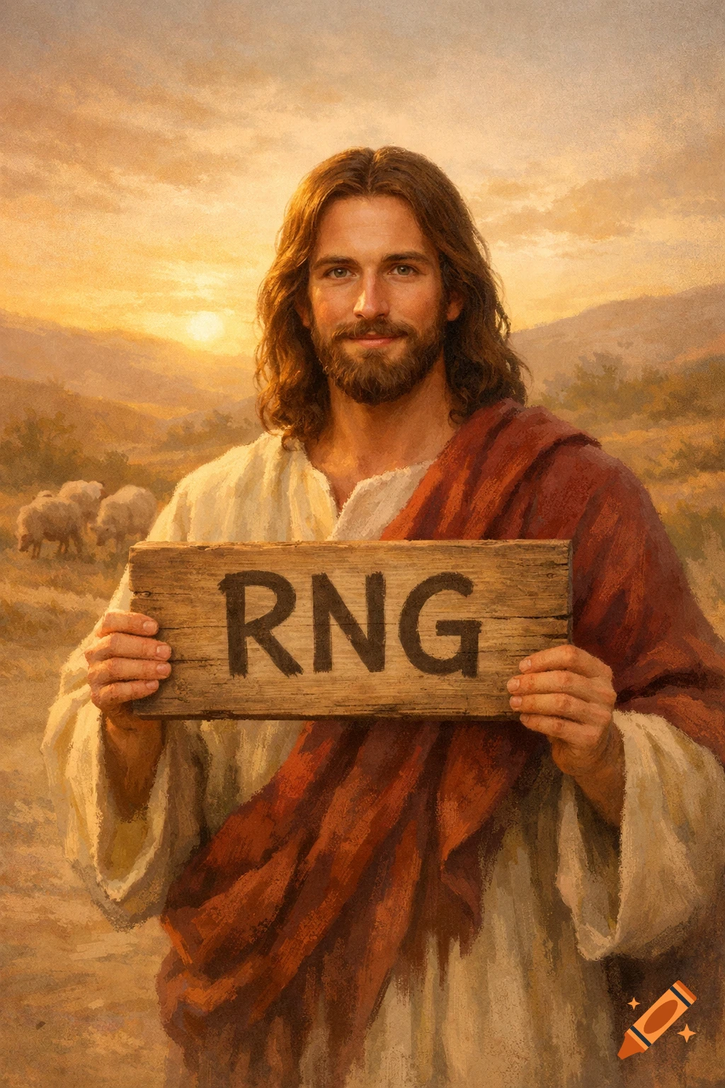 Digital painting of Jesus holding a wooden sign with 'RNG' written on it, set in a golden, arid landscape with sheep.