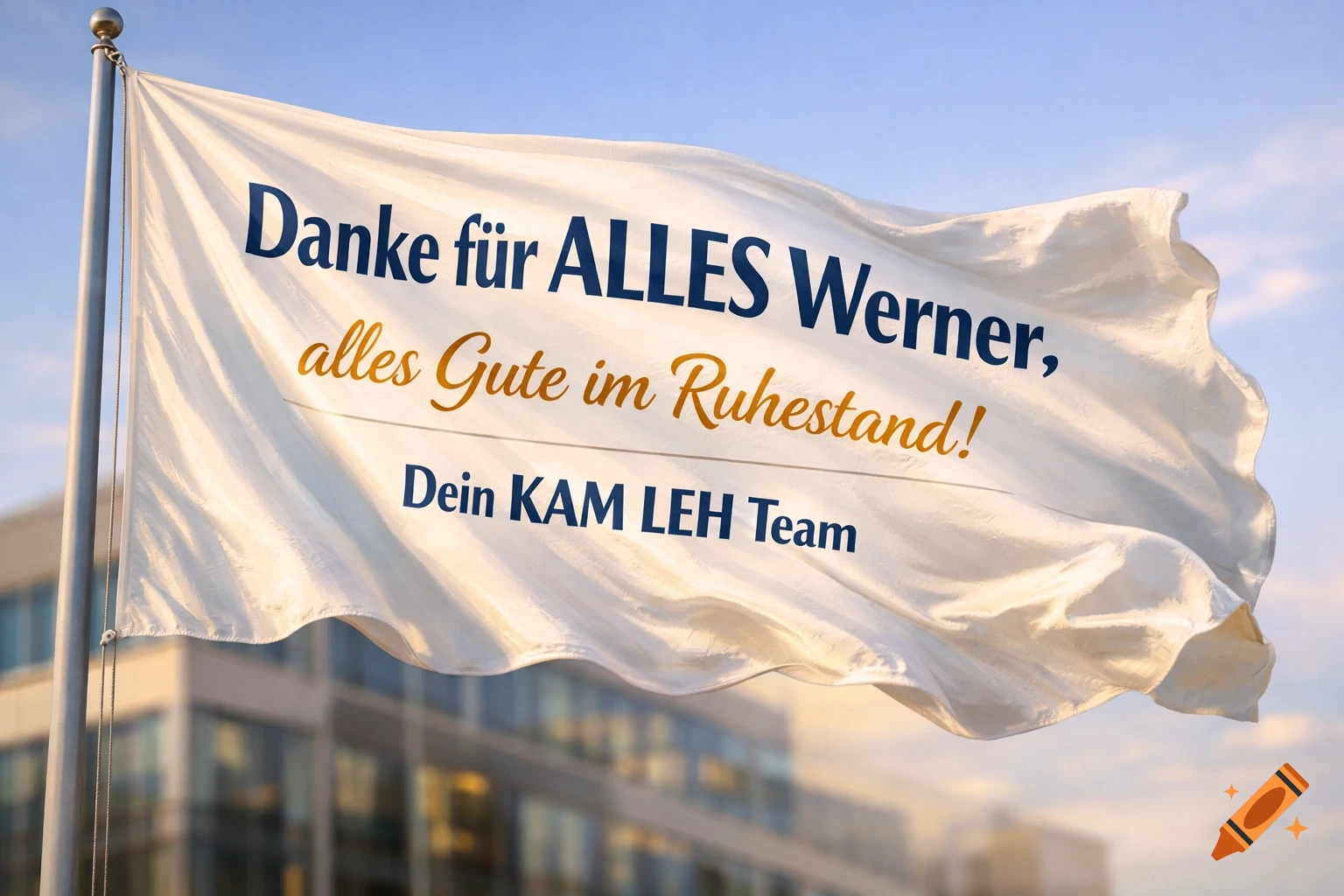 A white flag with German text "Danke f R ALLES Werner, alles Gute im Ruhestand! Dein KAM LEH Team" waves against a blue sky.