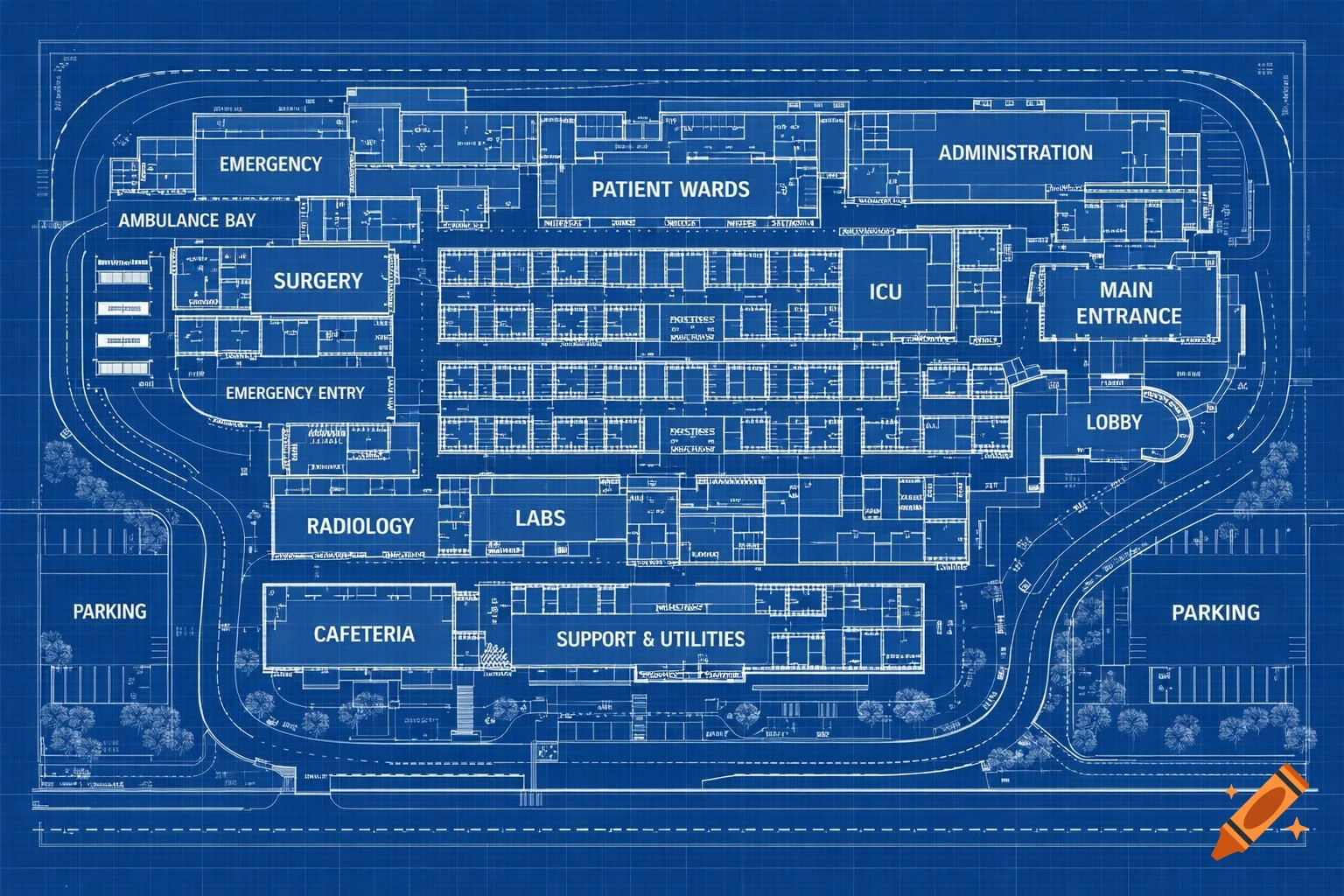 A detailed blueprint of a large hospital, showing various departments like Emergency, Surgery, Patient Wards, and Administration, rendered in white lines on a blue background.