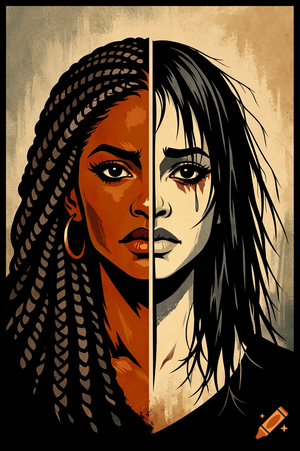 An illustrated portrait of a woman's face split down the middle. One side has dark skin, braided hair, and a strong gaze; the other is pale, with messy dark hair and a tear.