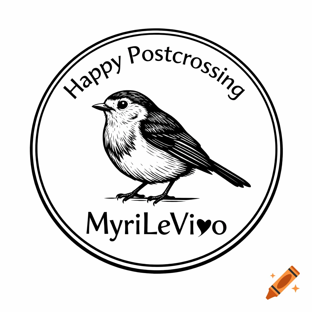 Black and white circular logo for a stamp with a small bird in the center. "Happy Postcrossing" curves along the top, and "MyriLeVi ♥️o" along the bottom.