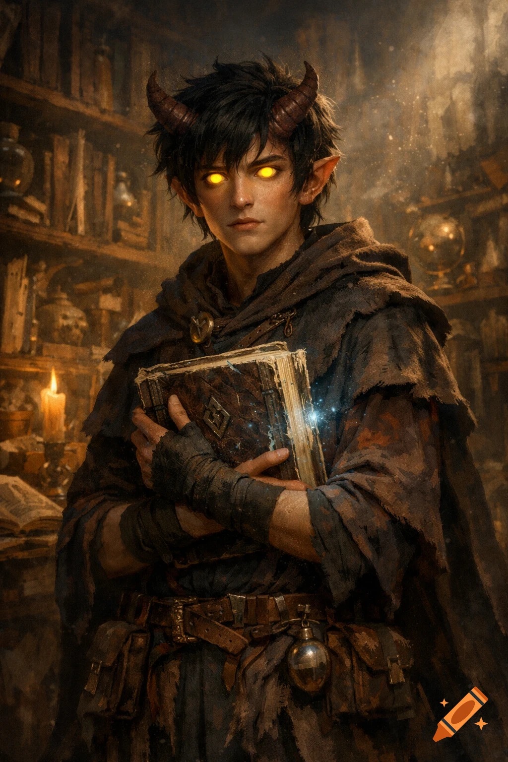 A young, horned wizard tiefling with glowing golden eyes holds an old magic spellbook in a dimly lit library.