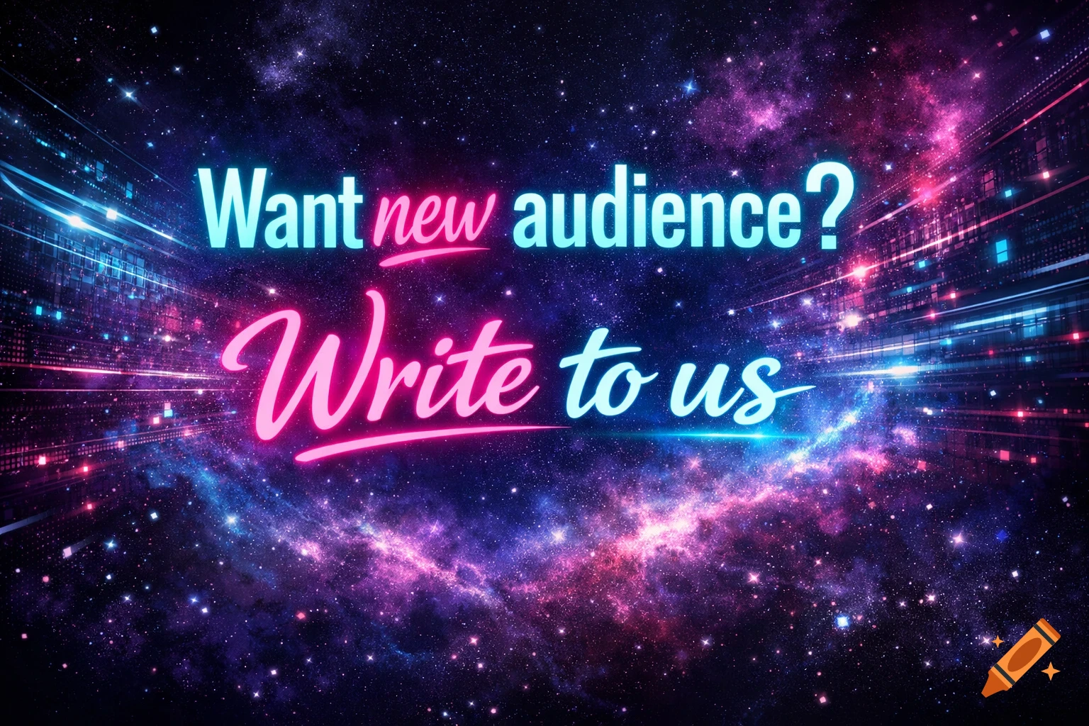 Neon text 'Want new audience? Write to us' against a vibrant cosmic background with stars and nebulae.
