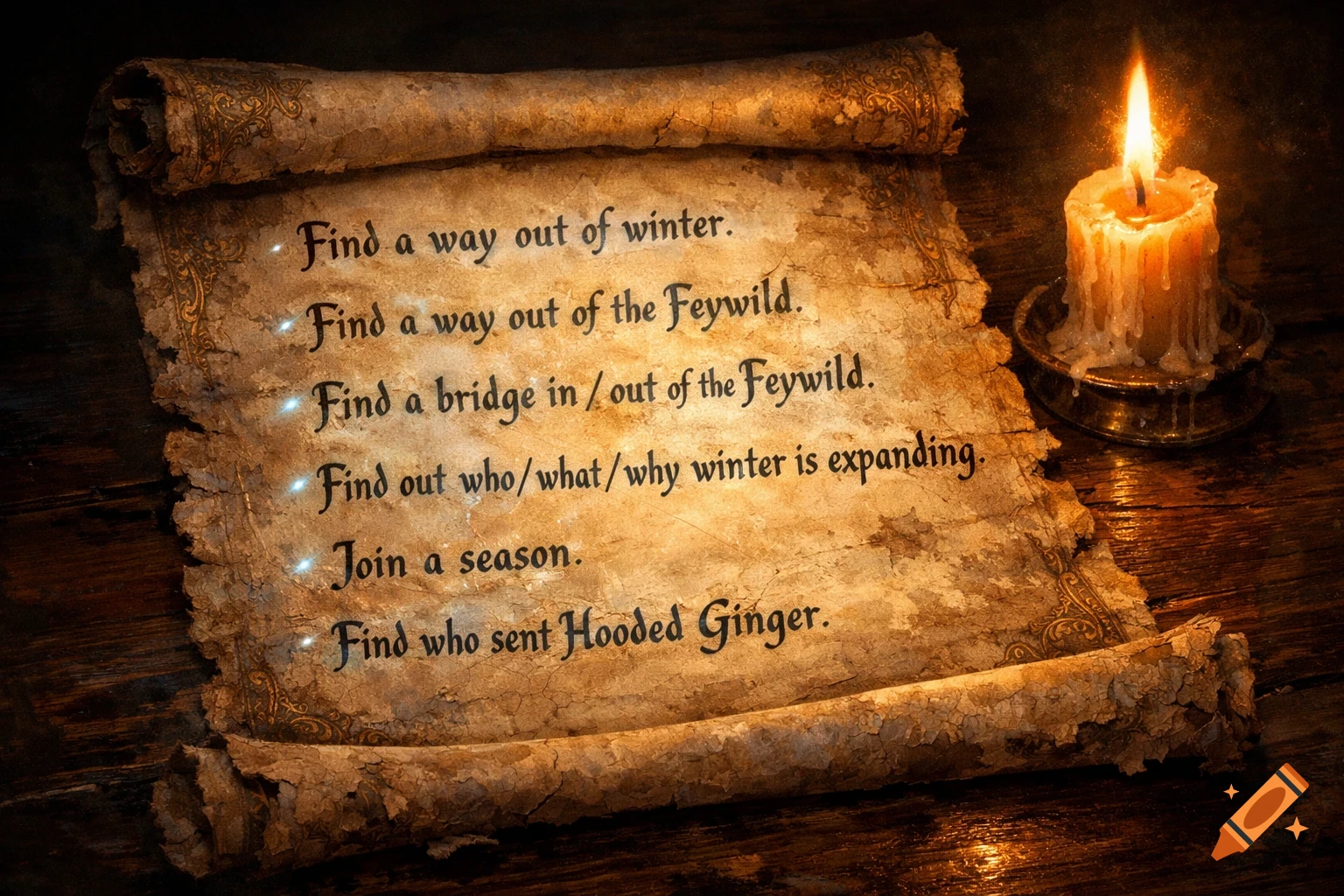 An old, glowing scroll with a list of tasks next to a lit, melting candle on a dark wooden table.