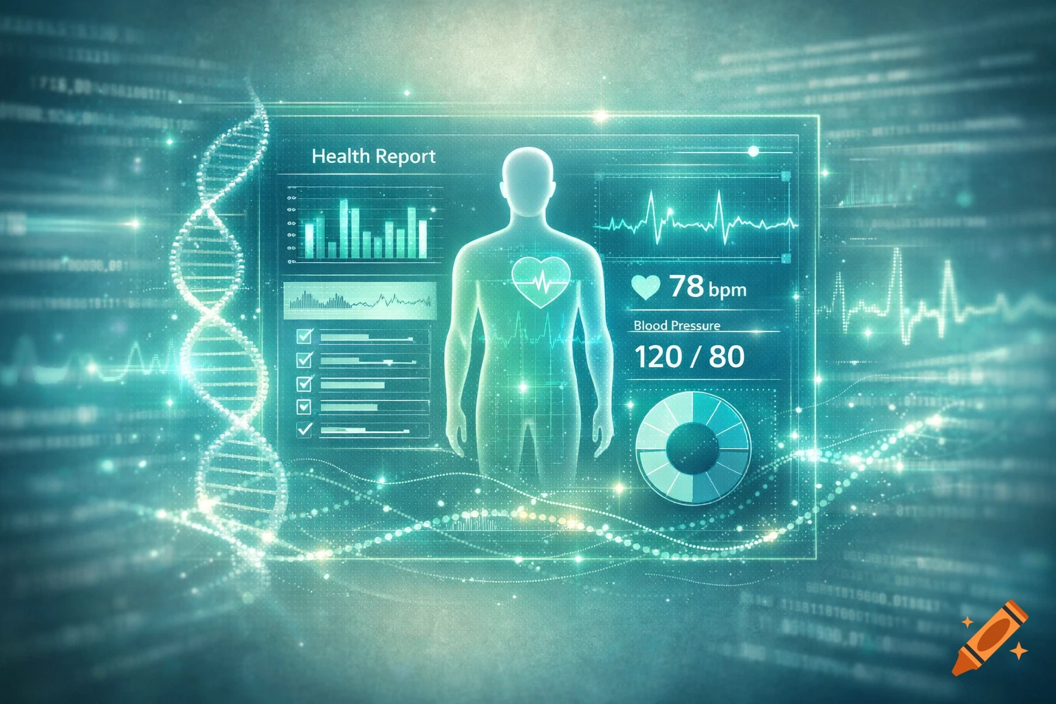 Holographic health report displaying a human silhouette, DNA, heart rate (78 bpm), and blood pressure (120/80) on a digital screen.