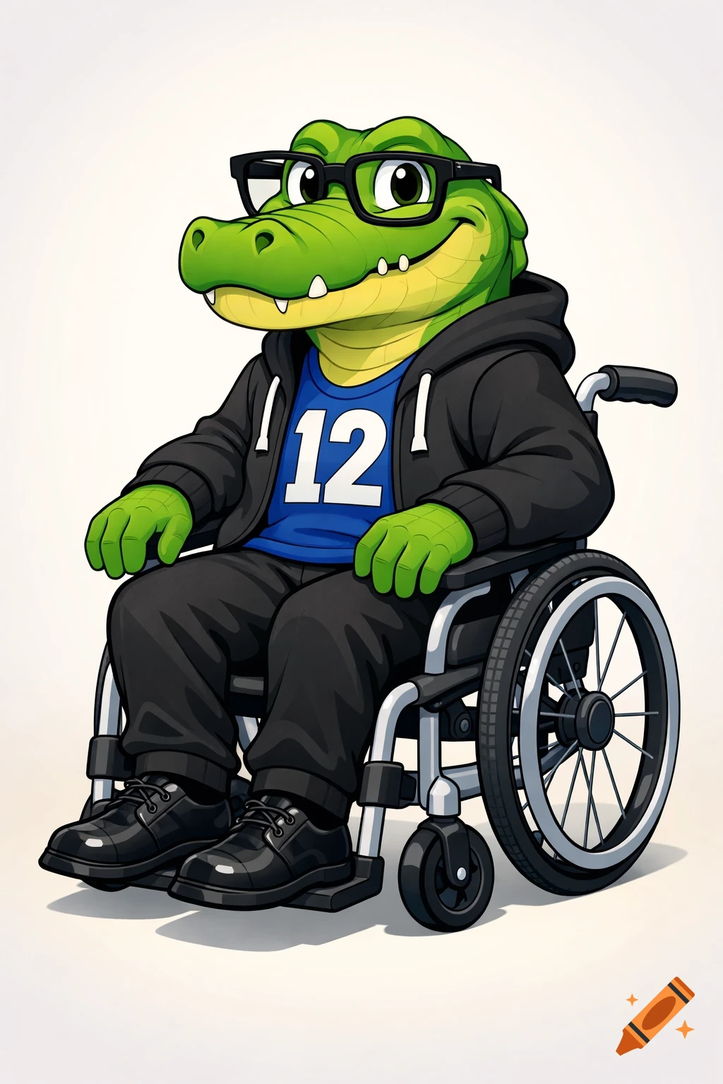 A friendly cartoon alligator with glasses, a black hoodie, and a blue '12' shirt, sitting in a wheelchair.
