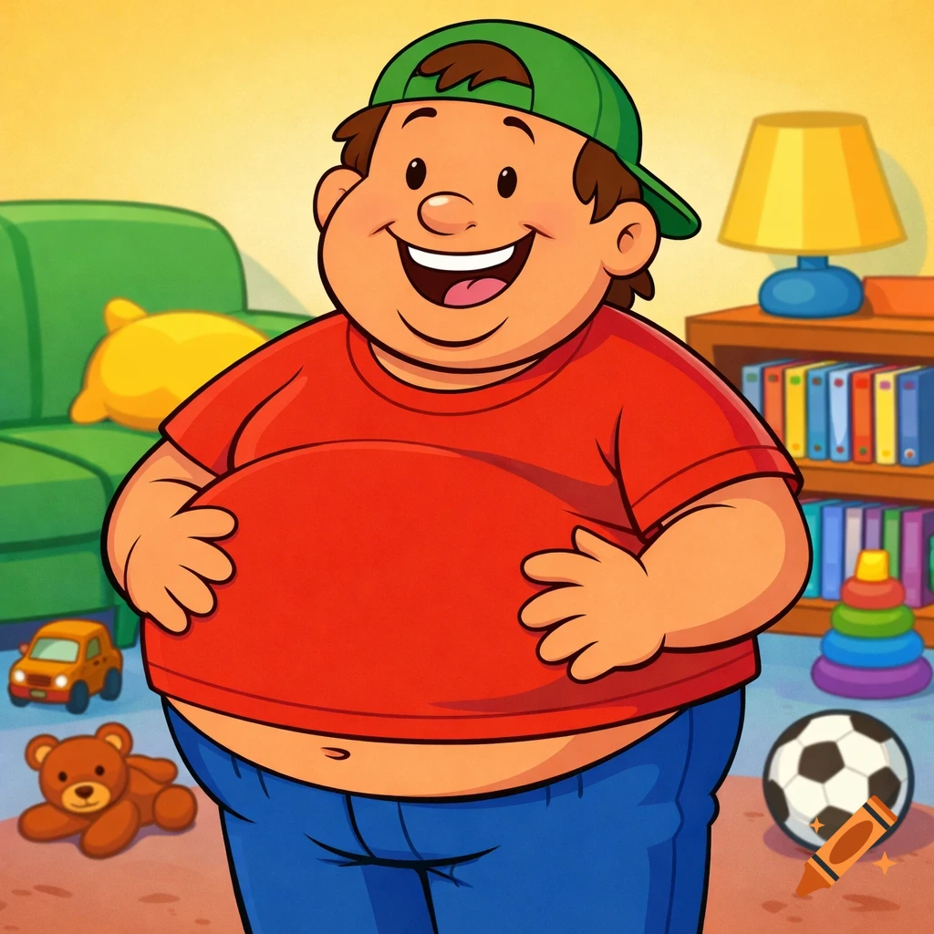 A cheerful, chubby cartoon boy in a red shirt and green cap, smiling in a vibrant room with various toys.