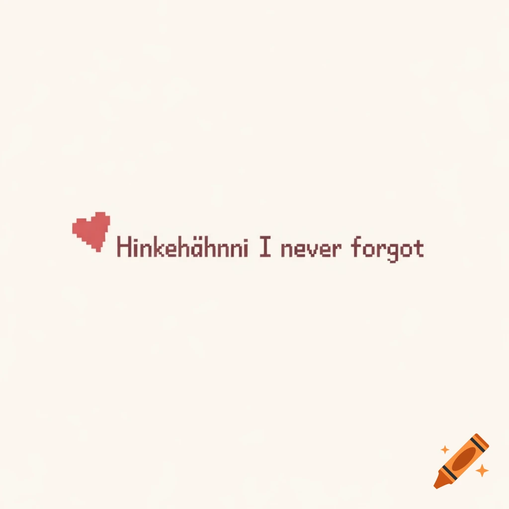Pixel art image with a red heart and the text 'Hinkehähhni I never forgot' on a light background.
