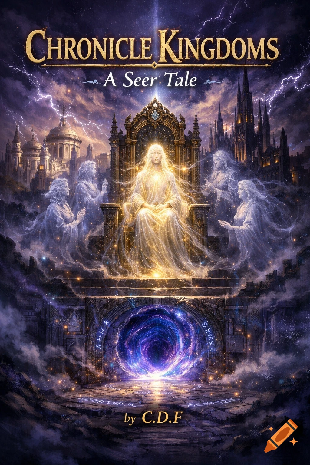 A fantasy book cover titled "Chronicle Kingdoms: A Seer Tale." A glowing figure sits on an ornate throne, surrounded by ethereal spirits, with a stormy sky and dark castles in the background and a mystical portal below. It is signed "by C.D.F."