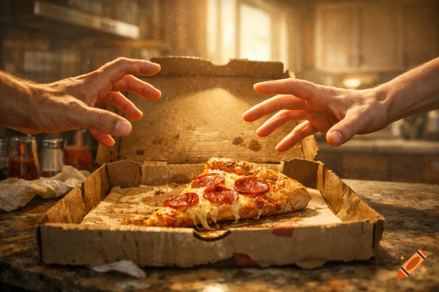 Two hands reach dramatically for the last slice of pepperoni pizza in a sunlit kitchen.