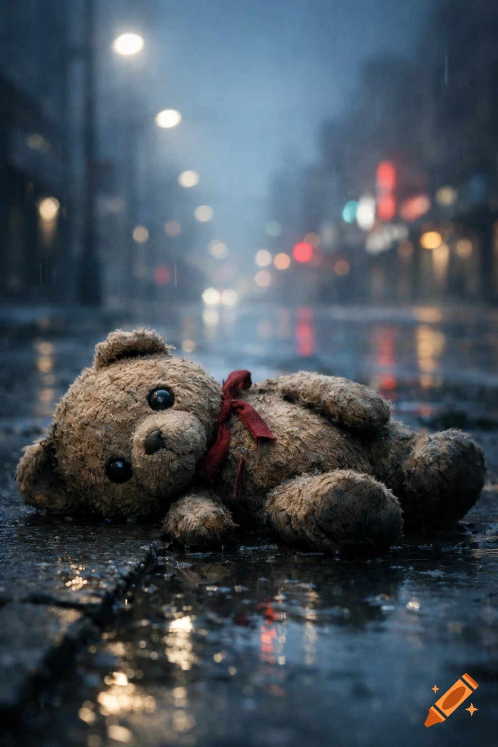 A wet, dirty brown teddy bear with a red bow lies discarded on a rainy city street at night, with blurry lights in the background. Photorealistic style.